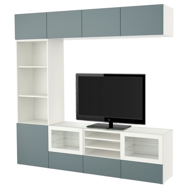 Шкаф для ТВ, комбинированный, стекляные дверцы БЕСТО, белый, Вальвикен серо-бирюзовый, прозрачное стекло (240x40x230 см) - фото 1