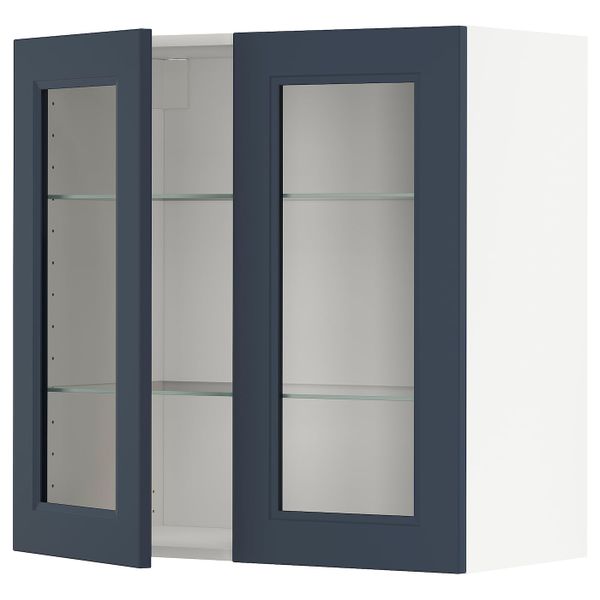 Навесной шкаф/полки/2стеклян двери, белый Акстад/матовая поверхность синий 80x80 см IKEA METOD МЕТОД 694.461.12 - фото 1