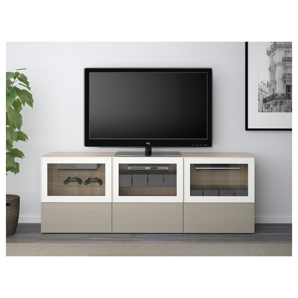 Тумба под ТВ, с дверцами и ящиками БЕСТО, под беленый дуб, Сельсвикен глянцевый/бежевый прозрачное стекло (180x40x64 см) - фото 2