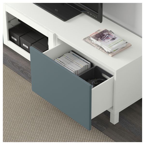 Тумба под ТВ с ящиками и дверцей БЕСТО, белый, Вальвикен серо-бирюзовый, прозрачное стекло (180x40x48 см) - фото 3