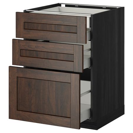 Напольный шкаф 3 фронтальные панели, 2 низких, 1 средний, 1 встроенный ящ, черный/Эдсерум коричневый 60x60 см IKEA МЕТОД /