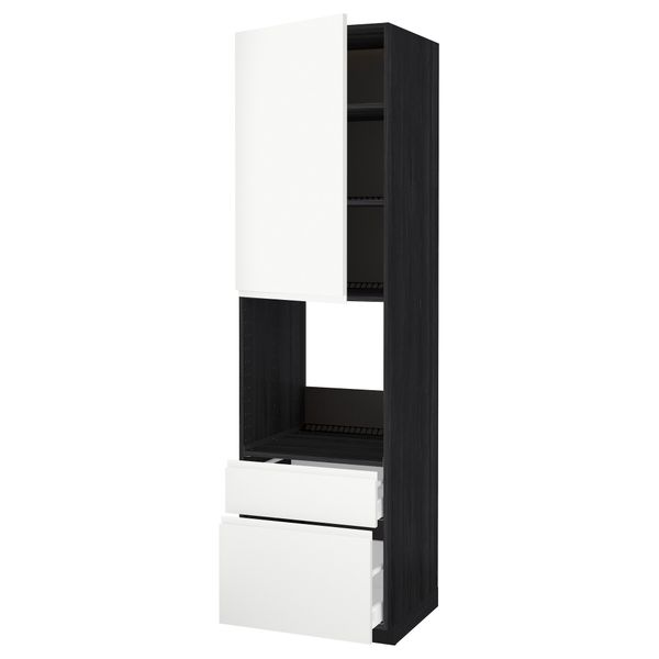 Высокий шкаф для духовки + дверца, 2 фронтальные панели, 1 средняя, 1 встроенный ящик МЕТОД / МАКСИМЕРА, черный, Воксторп белый - схема-чертеж с размерами