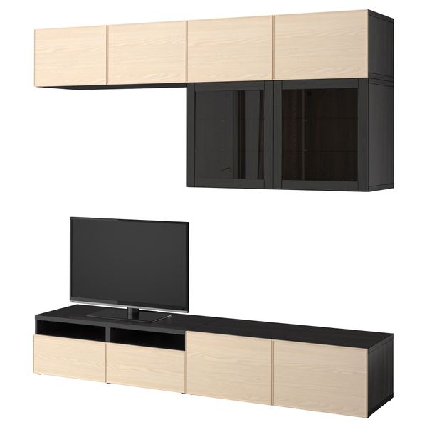 Шкаф для ТВ, комбинированный, стекляные дверцы БЕСТО, черно-коричневый Инвикен, ясеневый шпон прозрачное стекло (240x40x230 см) - фото 1