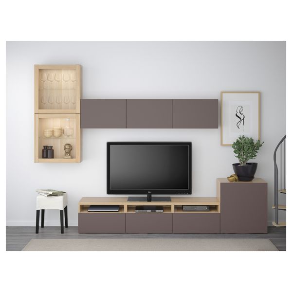 Шкаф для ТВ, комбинированный, стекляные дверцы БЕСТО, под беленый дуб, Вальвикен темно-коричневый, прозрачное стекло - схема-чертеж с размерами