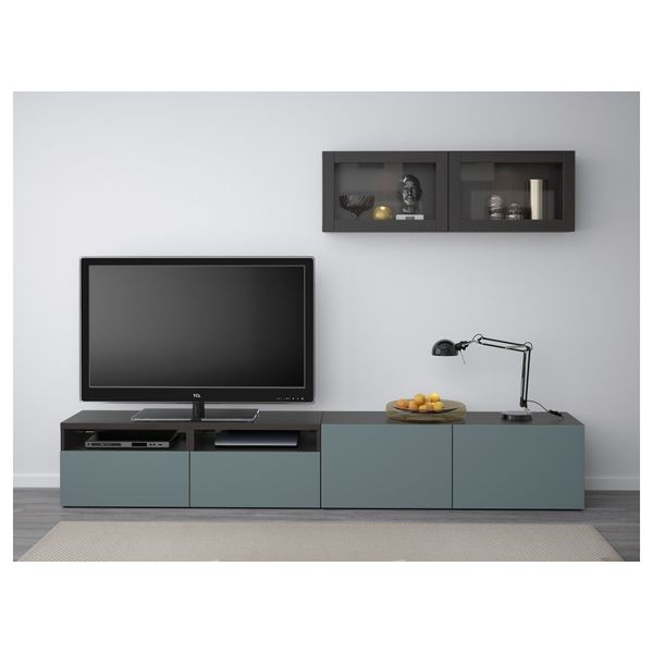 Шкаф для ТВ, комбинированный, стекляные дверцы БЕСТО, черно-коричневый, Вальвикен серо-бирюзовый, прозрачное стекло - схема-чертеж с размерами