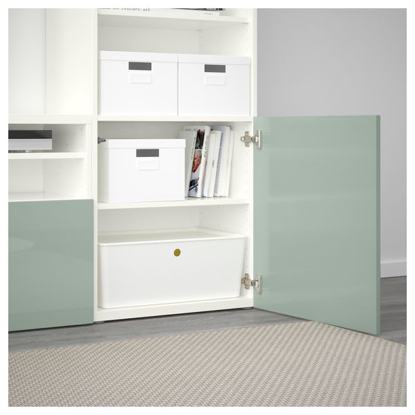 Шкаф для ТВ, комбинированный, стекляные дверцы БЕСТО, белый Сельсвикен, глянцевый/серо-зеленый светлый прозрачное стекло - фото 3