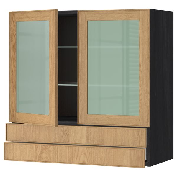Навесной шкаф, 2 стеклянные дверцы, 2 ящика МЕТОД / МАКСИМЕРА, черный, Экестад дуб - схема-чертеж с размерами