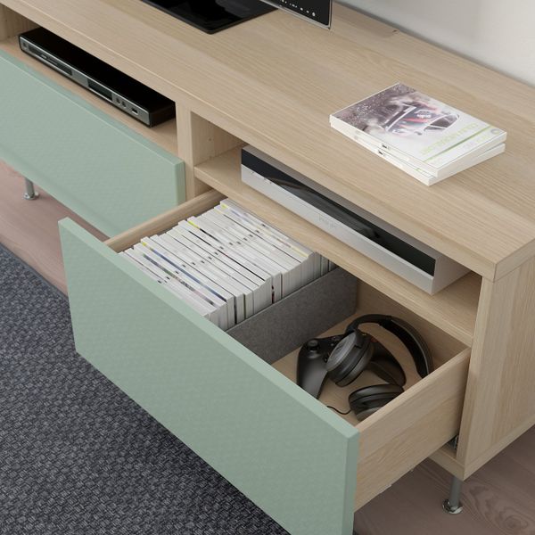 Тумба для ТВ с ящиками, под беленый дуб, СЕЛЬСВ/СТАЛЛАРП глянцевый/серо-зеленый светлый, 120x40x48 см IKEA БЕСТО 092.671.94 - фото 3