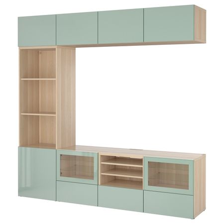 Шкаф для ТВ, комбинированный, стекляные дверцы, под беленый дуб Сельсвикен, глянцевый/серо-зеленый светлый прозрачное стекло,