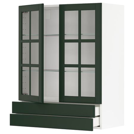 Навесной шкаф, 2 стеклянные дверцы, 2 ящика, белый/Будбин темно-зеленый 80x100 см IKEA METOD МЕТОД / MAXIMERA МАКСИМЕРА