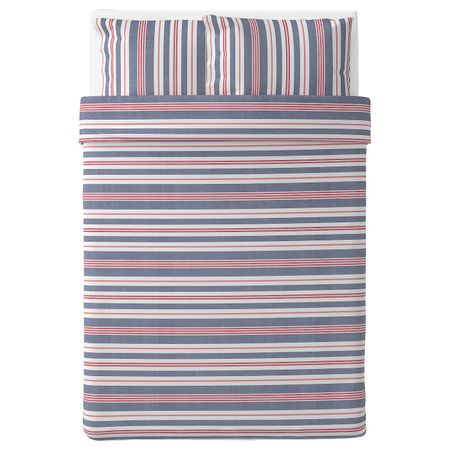Пододеяльник и 2 наволочки, синий-красный/в полоску 200x200/50x70 см IKEA SMALSTÄKRA СМАЛСТЭКРА 704.434.81