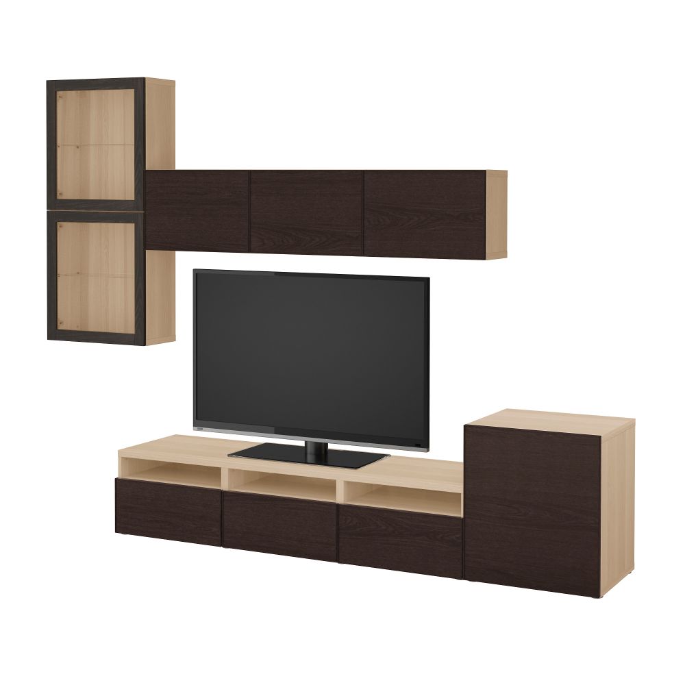 Шкаф для ТВ, комбинированный, стекляные дверцы БЕСТО, под беленый дуб Синдвик, Инвикен черно-коричневый прозрачное стекло - фото 1