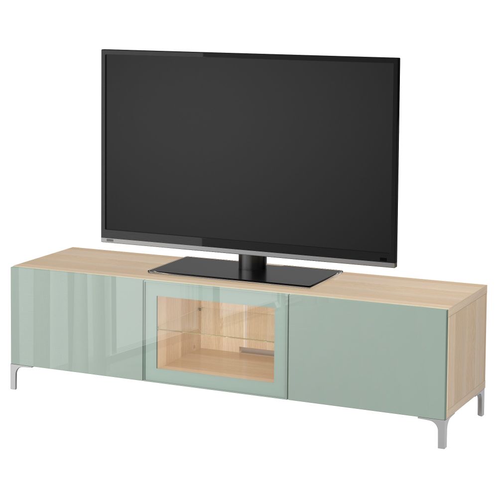 Тумба под ТВ с ящиками и дверцей БЕСТО, под беленый дуб Сельсвикен, глянцевый/серо-зеленый светлый прозрачное стекло (180x40x48 - фото 1