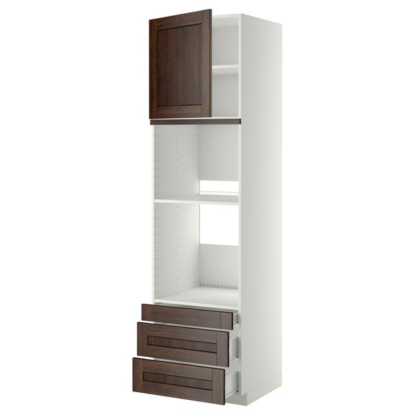 Высокий шкаф для духовки комбинированный, духовка + дверца, 3 ящика МЕТОД / ФОРВАРА, белый, Эдсерум коричневый - фото 1