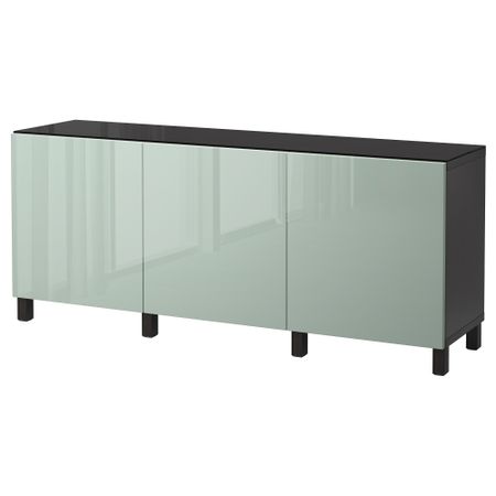 Комбинация для хранения с дверцами БЕСТО, черно-коричневый, Сельсвикен глянцевый/серо-зеленый светлый (180x40x74 см)