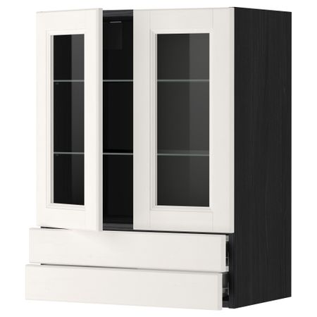 Навесной шкаф, 2 стеклянные дверцы, 2 ящика МЕТОД / ФОРВАРА, черный, Лаксарби белый