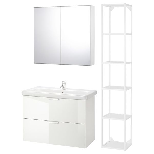 Комплект мебели для ванной,7 предм., глянцевый белый/ПИЛКОН смеситель 84x43x65 см IKEA FISKÅN ФИСКОН / TVÄLLEN ТВЭЛЛЕН - фото 1