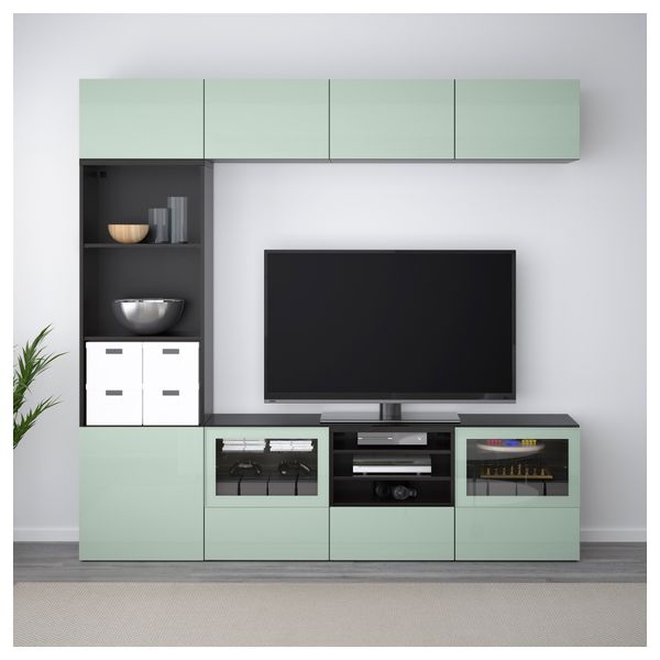 Шкаф для ТВ, комбинированный, стекляные дверцы БЕСТО, черно-коричневый Сельсвикен, глянцевый/серо-зеленый светлый прозрачное - фото 2