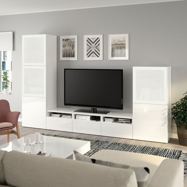 Шкаф для ТВ, комбинированный, стекляные дверцы, белый, Сельсвикен глянцевый, белый матовое стекло, 300x42x193 см IKEA БЕСТО - фото 2