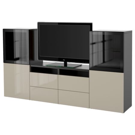 Шкаф для ТВ, комбинированный, стекляные дверцы БЕСТО, черно-коричневый, Сельсвикен глянцевый/бежевый прозрачное стекло