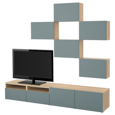 Шкаф для ТВ, комбинация БЕСТО, под беленый дуб, Вальвикен серо-бирюзовый (240x20/40x204 см)