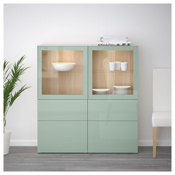 Комбинация для хранения со стеклянными дверцами БЕСТО, под беленый дуб Сельсвикен, глянцевый/серо-зеленый светлый прозрачное - фото 2