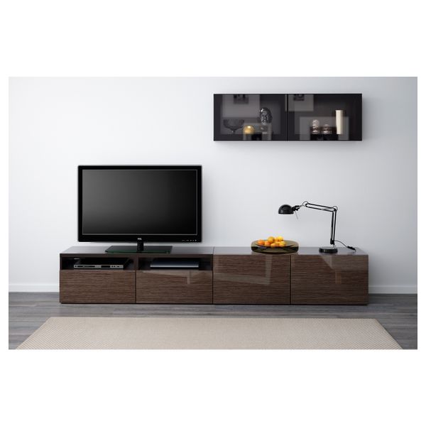 Шкаф для ТВ, комбинированный, стекляные дверцы БЕСТО, черно-коричневый, Сельсвикен глянцевый/коричневый прозрач стекло - фото 2