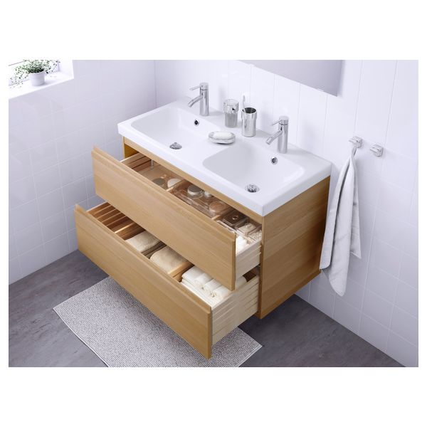 Шкаф для раковины с 2 ящиками ГОДМОРГОН / ОДЕНСВИК, дубовый шпон, беленый под беленый дуб (100x49x64 см) - фото 3