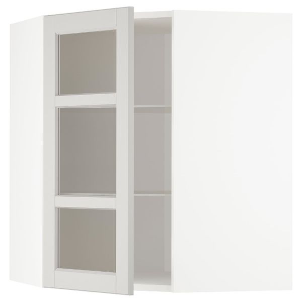 Угловой навесной шкаф с полками, стекляными дв, белый/Лерхюттан светло-серый 68x80 см IKEA METOD МЕТОД 692.727.72 - фото 1