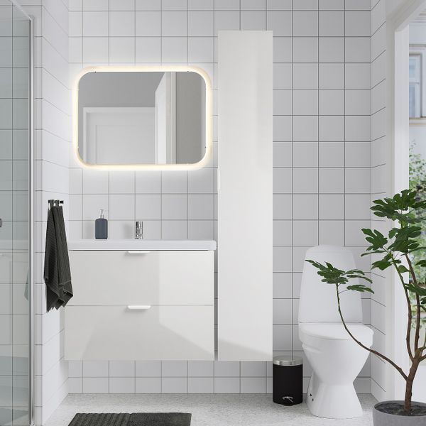 Комплект мебели для ванной,8 предм., глянцевый белый/ПИЛКОН смеситель 84x43x65 см IKEA FISKÅN ФИСКОН / TVÄLLEN ТВЭЛЛЕН - схема-чертеж с размерами