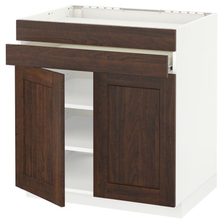 Напольный шкаф для варочной панели, 2 ящика, 2 фасада, 1 ящик МЕТОД / ФОРВАРА, белый, Эдсерум коричневый (80x60 см)