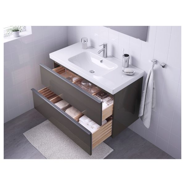 Шкаф для раковины с 2 ящиками ГОДМОРГОН / ОДЕНСВИК, глянцевый серый (100x49x64 см) - фото 3