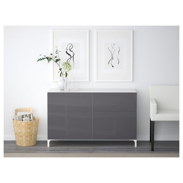 Комбинация для хранения с дверцами, ящиками БЕСТО, белый, Сельсвикен глянцевый/серый (120x40x74 см) - схема-чертеж с размерами