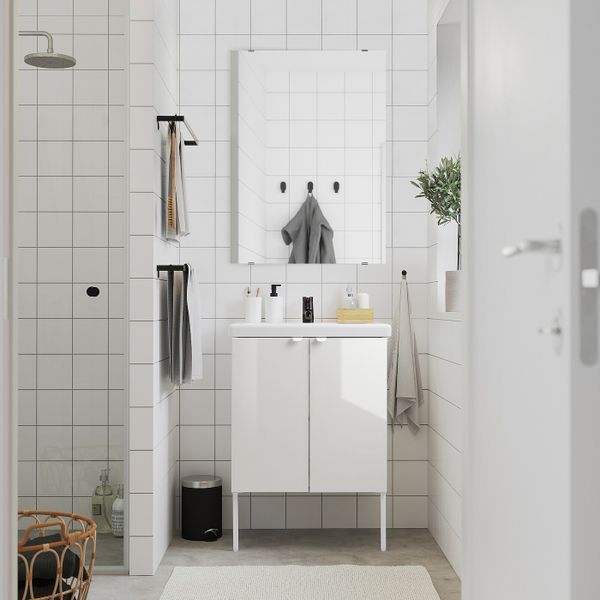 Комплект мебели для ванной,7 предм., глянцевый белый/Сальен смеситель 64x43x88 см IKEA FISKÅN ФИСКОН / TVÄLLEN ТВЭЛЛЕН - схема-чертеж с размерами