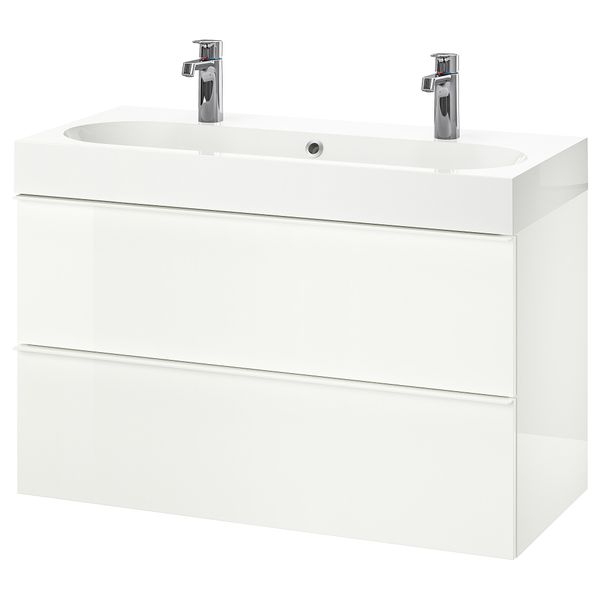 Шкаф для раковины с 2 ящиками ГОДМОРГОН / БРОВИКЕН, глянцевый белый (100x48x68 см) - схема-чертеж с размерами