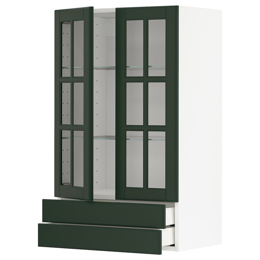 Навесной шкаф, 2 стеклянные дверцы, 2 ящика, белый/Будбин темно-зеленый 60x100 см IKEA METOD МЕТОД / MAXIMERA МАКСИМЕРА - фото 1