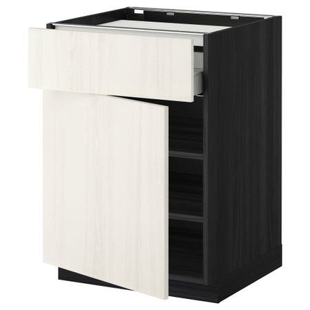 Напольный шкаф для варочной панели, ящик, полка, дверцы МЕТОД / МАКСИМЕРА, черный, Росдаль белый (60x60 см)