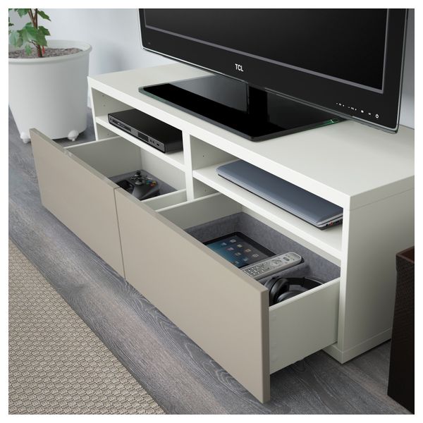 Шкаф для ТВ, комбинированный, стекляные дверцы БЕСТО, белый, Сельсвикен глянцевый/бежевый матовое стекло (120x20/40x166 см) - фото 3