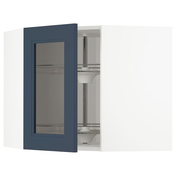 Угловой навесной шкаф с вращающейся секция, стеклянная дв, белый Акстад/матовая поверхность синий 68x60 см IKEA METOD МЕТОД - фото 1