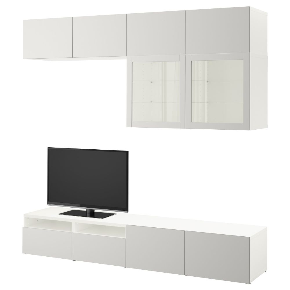 Шкаф для ТВ, комбинированный, стекляные дверцы БЕСТО, белый Лаппвикен, Синдвик светло-серый прозрачное стекло (240x40x230 см) - фото 1