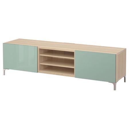 Тумба для ТВ с ящиками БЕСТО, под беленый дуб, Сельсвикен глянцевый/серо-зеленый светлый (180x40x48 см)