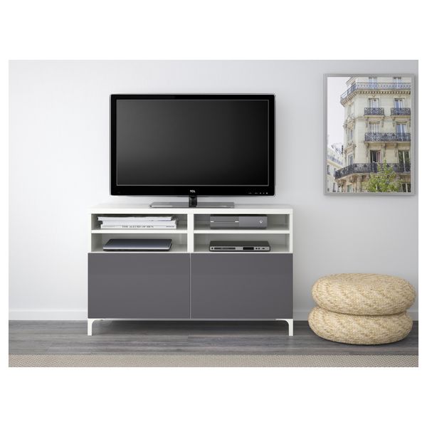 Тумба под ТВ, с дверцами БЕСТО, белый, Сельсвикен глянцевый/серый (120x40x74 см) - фото 2