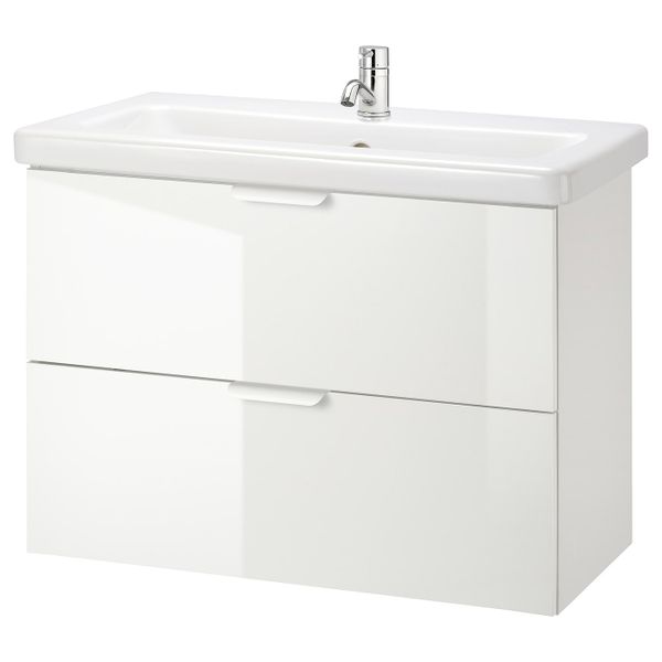 Шкаф под раковину с 2 ящиками, глянцевый белый/ПИЛКОН смеситель 84x43x65 см IKEA FISKÅN ФИСКОН / TVÄLLEN ТВЭЛЛЕН 594.304.37 - фото 1