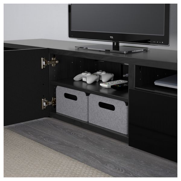Тумба под ТВ БЕСТО, черно-коричневый, Сельсвикен глянцевый/черный (180x40x38 см) - фото 3