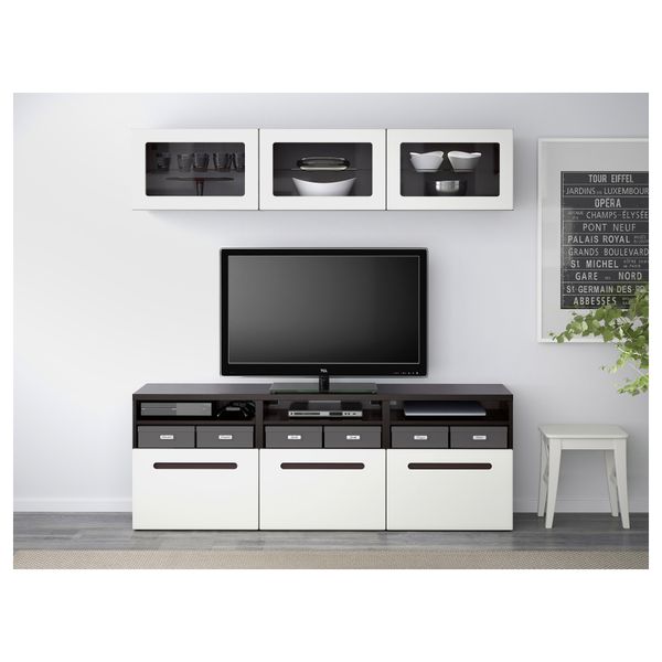 Шкаф для ТВ, комбинированный, стекляные дверцы БЕСТО, черно-коричневый, Марвикен белый прозрачное стекло (180x40x192 см) - фото 2