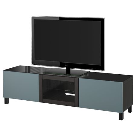 Тумба под ТВ, с дверцами БЕСТО, черно-коричневый, Вальвикен серо-бирюзовый, прозрачное стекло (180x40x38 см)