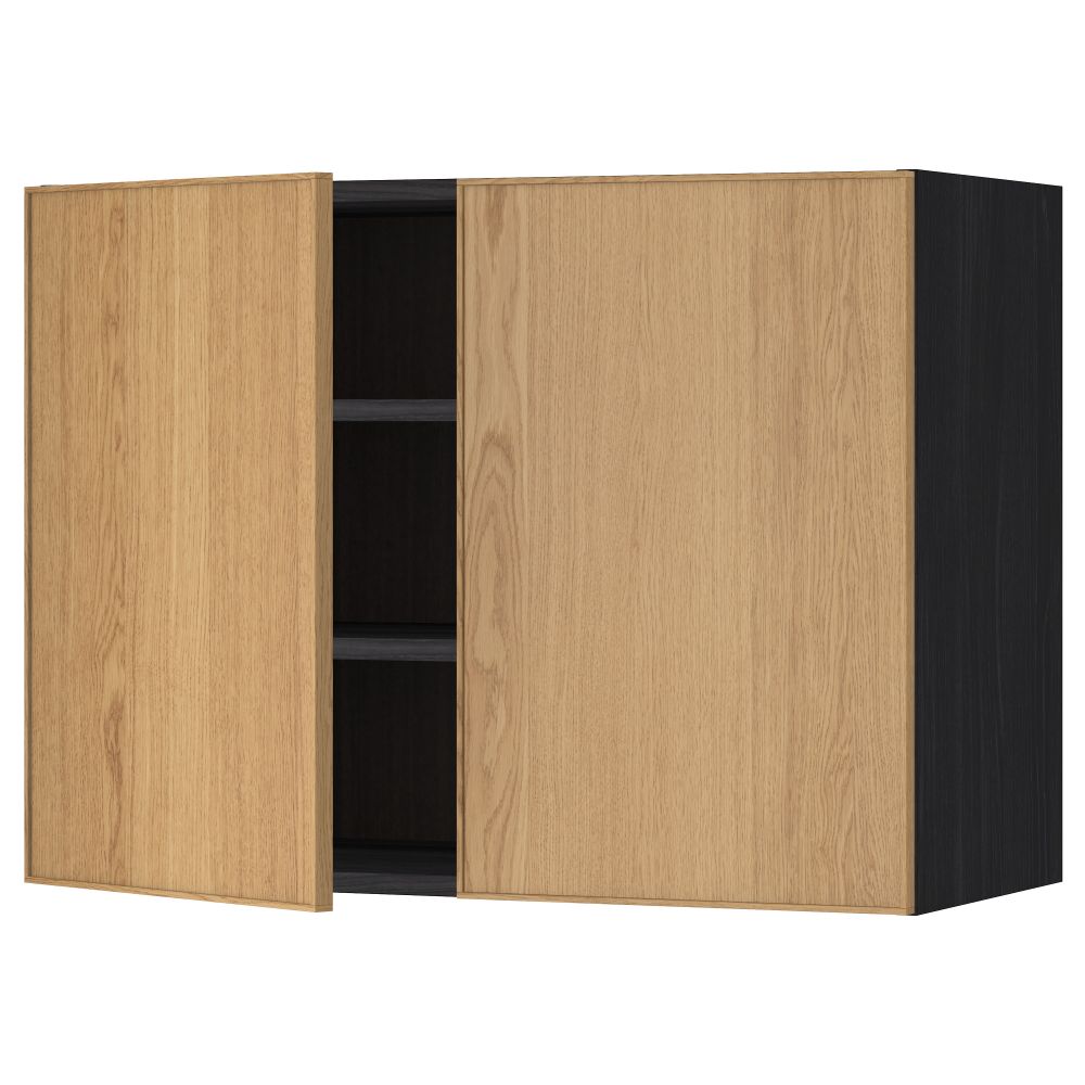 Навесной шкаф с полками, 2 дверцы МЕТОД, черный, Экестад дуб - схема-чертеж с размерами