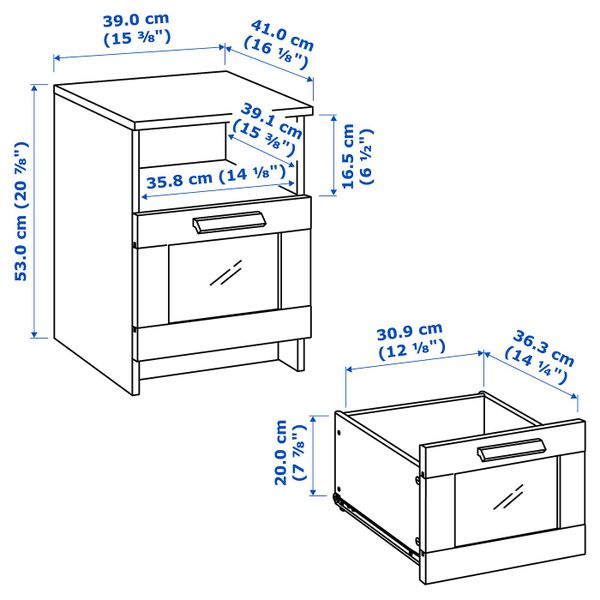 Тумба прикроватная, черный 39x41 см IKEA BRIMNES БРИМНЭС 104.104.26 - схема-чертеж с размерами