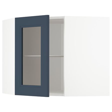 Угловой навесной шкаф с полками, стекляными дв, белый Акстад/матовая поверхность синий 68x60 см IKEA METOD МЕТОД 994.020.03