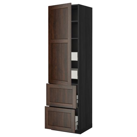 Высокий шкаф + полки/4ящ/двр/2фасада, черный/Эдсерум коричневый 60x60x220 см IKEA МЕТОД / МАКСИМЕРА 793.533.05